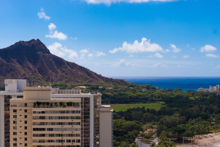 Diamond Head seen from the balcony of a hotelの写真素材