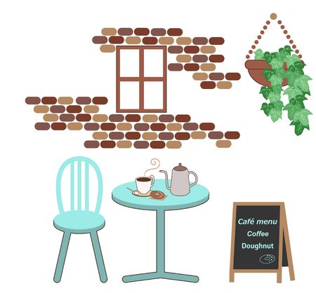 Cafe landscape with coffee and donuts/brick walls and windowsのイラスト素材