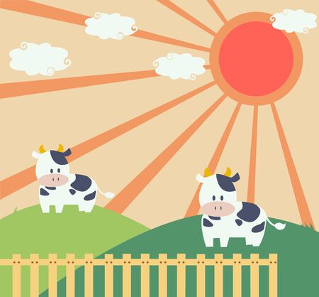 A scene of cows on the hillのイラスト素材