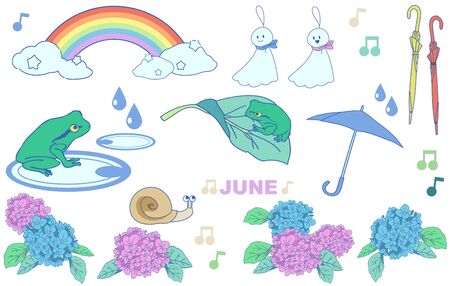 Set of frogs and rainy season materialsのイラスト素材