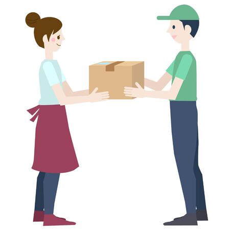 A woman and a male delivery man who receives a packageのイラスト素材
