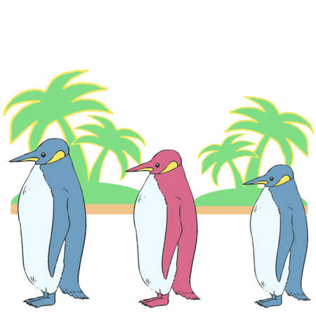 Illustration of three penguins and palm treesのイラスト素材