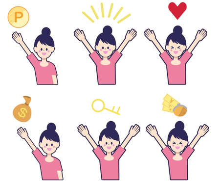 Money-based items and a set of happy womanのイラスト素材