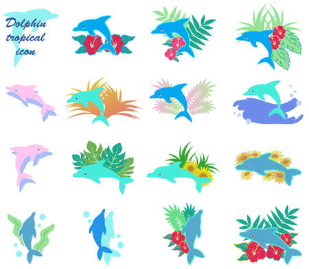 A set of tropical dolphin iconsのイラスト素材