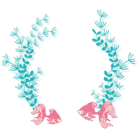 Round frame illustration of goldfish and water plantsのイラスト素材