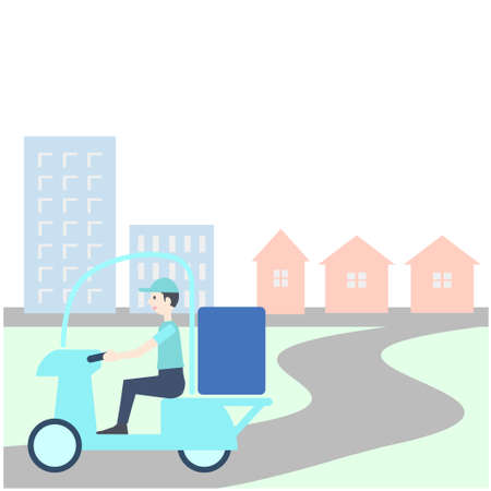 Male driver delivering on motorcycle cityscape backgroundのイラスト素材