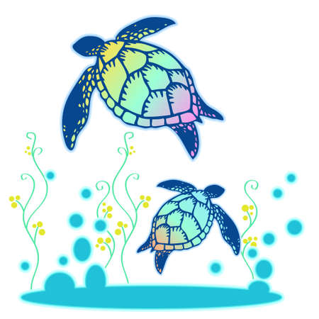 Illustration of colorful shell sea turtles and water plants