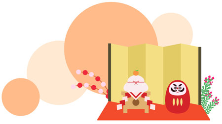 Japanese-style material with daruma and kagami mochi in front of folding screenのイラスト素材