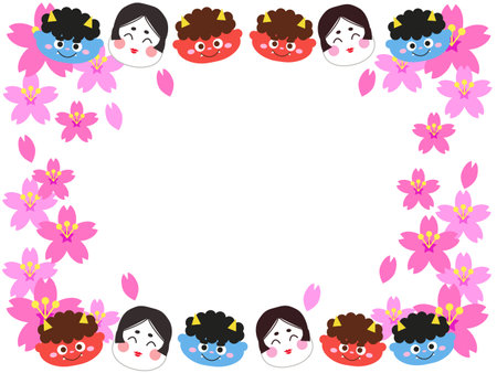 Cherry Blossom Frame on Setsudetsu Day Red Demon and Blue Demon Childのイラスト素材