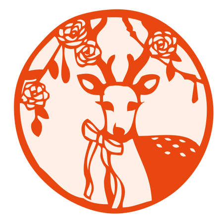 Cutout illustration of deer and rosesのイラスト素材
