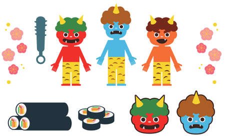 Different color demons and Setsubun material setsのイラスト素材