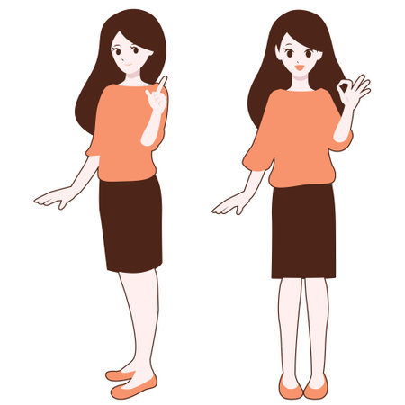 Full body illustration of woman signing with handのイラスト素材