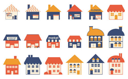 Simple appearance of a shop / residential building Set of western style house icon illustrationのイラスト素材