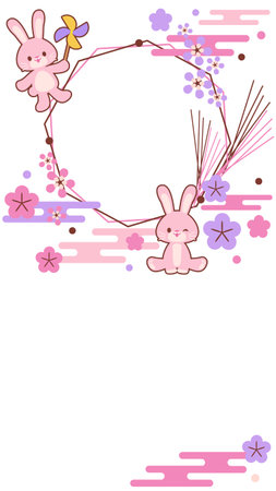 Japanese-style frame rabbit New Year's card materialのイラスト素材