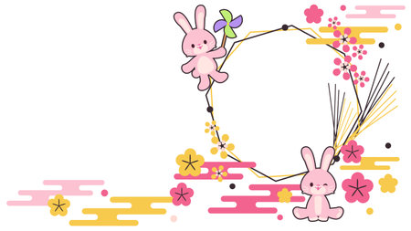 Japanese-style frame rabbit New Year's card materialのイラスト素材