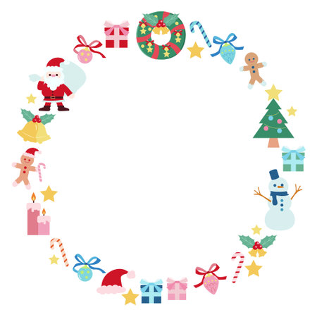 Round frame illustration of Christmas related materialsのイラスト素材