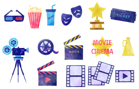 Set of watercolor cinematic iconsの写真素材