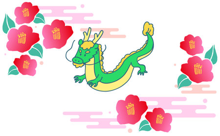 Japanese style New Year's card material of dragon and camelliaのイラスト素材