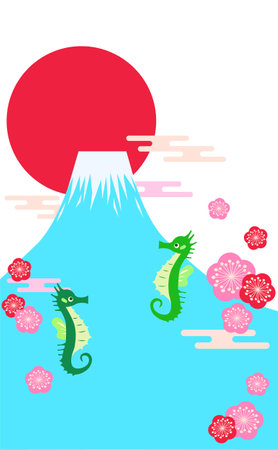 Seahorse and Mt. Fuji Japanese-style New Year's card materialのイラスト素材