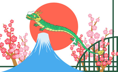 Dragon, sunrise and camellia Japanese style New Year's card materialのイラスト素材