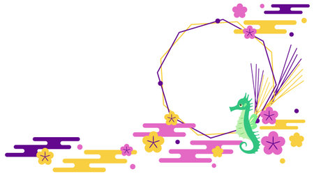 Seahorse and Japanese pattern frameのイラスト素材