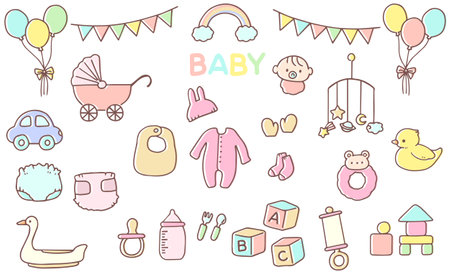 Set of cute hand-drawn baby products illustrationsのイラスト素材