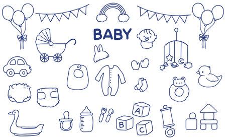 Set of cute hand-drawn baby products illustrationsのイラスト素材