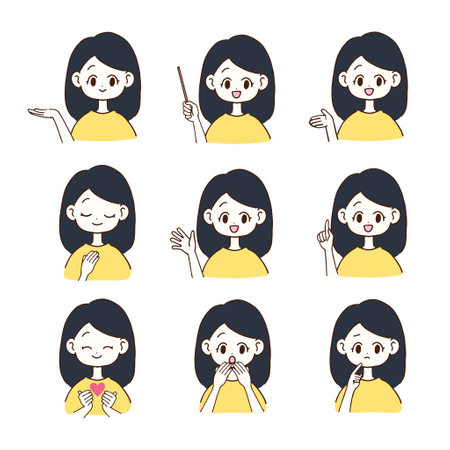 Upper body only female set Various hand gestures and facial expressionsのイラスト素材