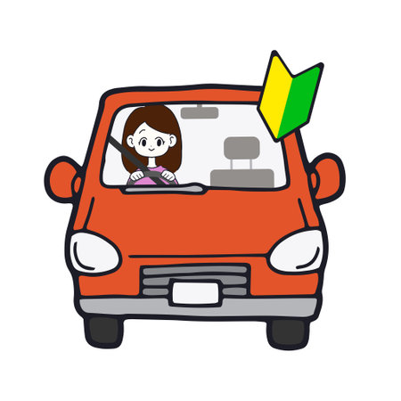 A woman driving a car and a beginner's markのイラスト素材
