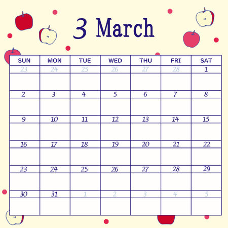 Calendar for March 2025 starting on Sundayのイラスト素材