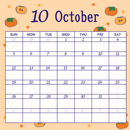 Calendar for October 2025 starting on Sundayのイラスト素材