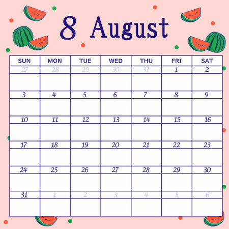Calendar for August 2025 starting on Sundayのイラスト素材