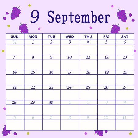 September 2025 calendar starts on Sundayのイラスト素材