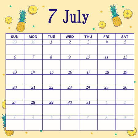 July 2025 calendar starts on Sundayのイラスト素材