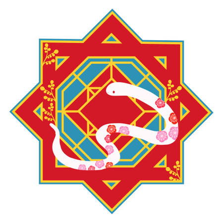 Red icon illustration of Japanese pattern and white snakeのイラスト素材