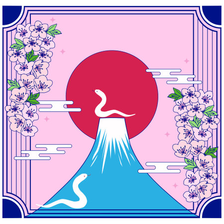 Japanese-style background illustration of a white snake and Mt. Fujiのイラスト素材