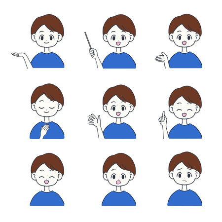 Upper body only male set Various hand gestures and facial expressionsのイラスト素材