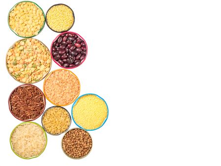 View of cereals and grains in bowls isolated on white backgroundの写真素材