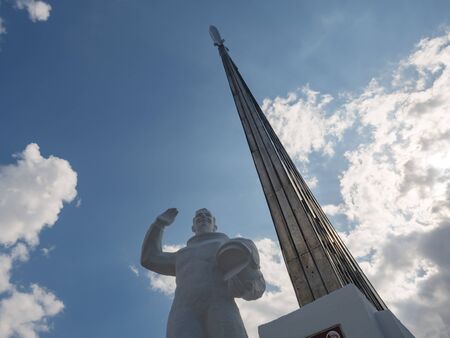 Saratov Region, Russia - May 8, 2019. Detail of the Monument to the landing site of the first in the world cosmonaut Yuri Gagarin. Gagarin looking into the sky.のeditorial素材