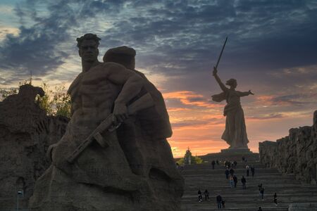 Volgograd, Russia - May, 3, 2019. Mamayev Kurgan. View of the statue Motherland and Soldier at sunset. Volgograd.のeditorial素材