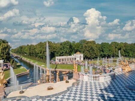Russia, Petergof - August 16, 2019. View of The Grand cascade fountain.のeditorial素材