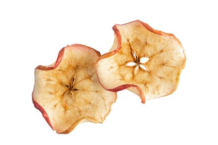 view of tree apple chips on a white backgroundの写真素材