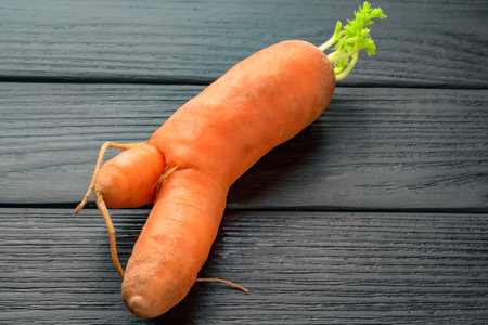 ugly vegetable with double carrot on black wooden backgroundの写真素材