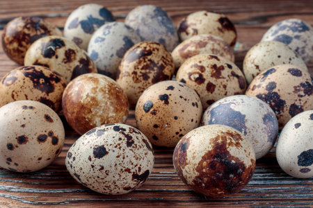 View of Quail eggs on wooden backgroundの写真素材