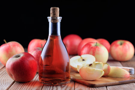 Bottle of apple cider and red apples on wooden background.の写真素材