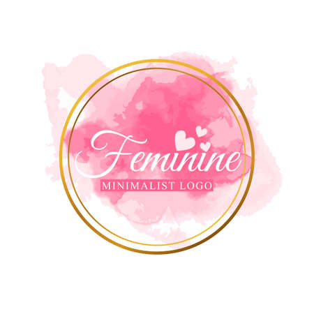 Wedding logo, elegant hand drawn, monogram logo, feminine badge. Elegant watercolor background logo and gold lines. A pretty badge or logo for a card branding and composition design concept.のイラスト素材