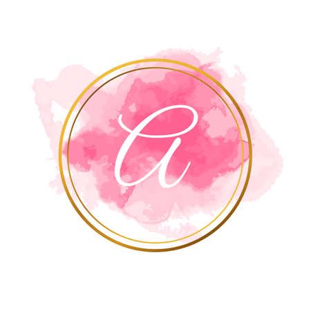 Wedding logo, elegant hand drawn, monogram logo, feminine badge. Elegant watercolor background logo and gold lines. A pretty badge or logo for a card branding and composition design concept.のイラスト素材