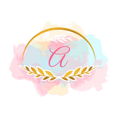 Wedding logo, elegant hand drawn, monogram logo, feminine badge. Elegant watercolor background logo and gold lines. A pretty badge or logo for a card branding and composition design concept.のイラスト素材