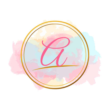 Wedding logo, elegant hand drawn, monogram logo, feminine badge. Elegant watercolor background logo and gold lines. A pretty badge or logo for a card branding and composition design concept.のイラスト素材