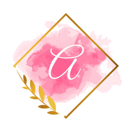 Wedding logo, elegant hand drawn, monogram logo, feminine badge. Elegant watercolor background logo and gold lines. A pretty badge or logo for a card branding and composition design concept.のイラスト素材